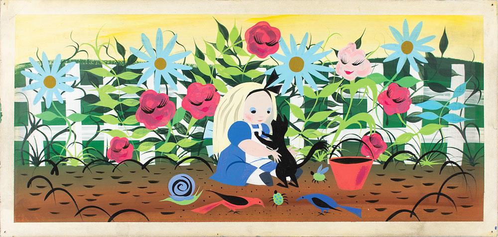 Mary Blair concept painting of Alice from Alice in: (Walt Disney Studios, 1951) Exquisite original panoramic concept painting by Mary Blair of Alice playing with a black cat in a flower-filled garden from Alice in Wonderland. Accomplished in tempera on