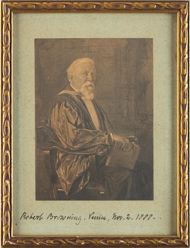 Robert Browning: Vintage matte-finish 4 x 5.75 artistic portrait of the celebrated English poet and playwright in a seated pose by his son, Robert Barrett Browning, signed on the mount in fountain pen by the poet, "Ro