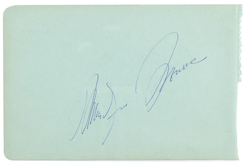Marilyn Monroe: Large vintage ballpoint signature, "Marilyn Monroe,” on a light green 6.25 x 4 album page. In fine condition. An exquisite example of one of Hollywood's most coveted autographs.