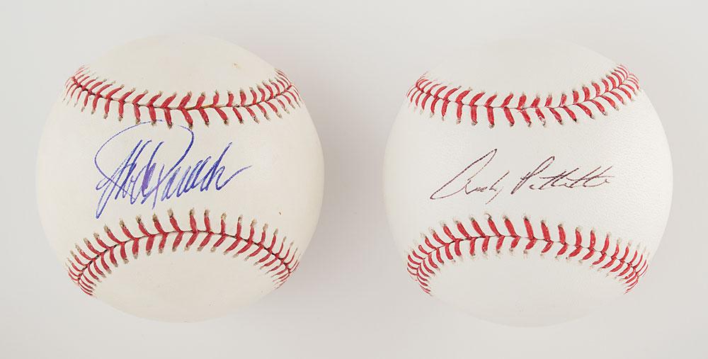 NY Yankees: Pettitte and Posada: Pair of official Rawlings Major League (Selig) baseballs, individually signed on the sweet spot in blue or black ballpoint by Andy Pettitte and Jorge Posada. Both are members of the New York Yankees '