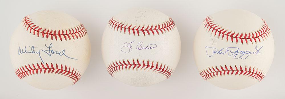 NY Yankees: Rizzuto, Berra, and Ford: Three official Rawlings baseballs, Major (Selig) and American League (Brown), individually signed on the sweet spot in ballpoint by a Yankees legend: Yogi Berra, Whitey Ford, and Phil Rizzuto. In over