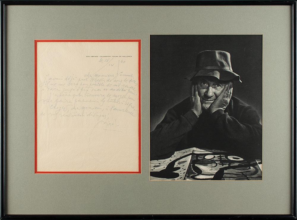 Joan Miro: ALS in French, signed “Miro,” one page, 8.25 x 10.5, personal letterhead, April 15, 1960. Letter to a gentleman, mentioning the surrealist founder Andre Breton. In part (translated): "I ha