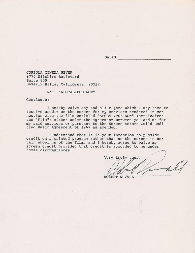 Apocalypse Now: Duvall, Robert: DS, signed “Robert Duvall,” 8.5 x 11, no date. Agreement between Duvall and Coppola Cinema Seven, in part: "I hereby waive any and all rights which I may have to receive credit on the scre
