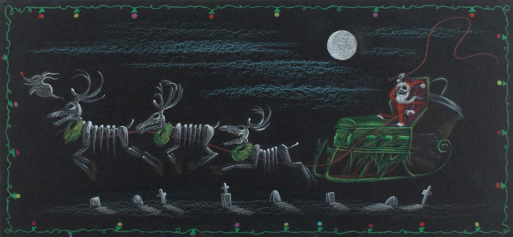 Jack Skellington, Zero, and Reindeer storyboard concept: (Walt Disney Studios, 1993) Original panorama concept storyboard drawing featuring Jack Skellington from The Nightmare Before Christmas, showing him as Santa Claus in his coffin sleigh, soaring over a