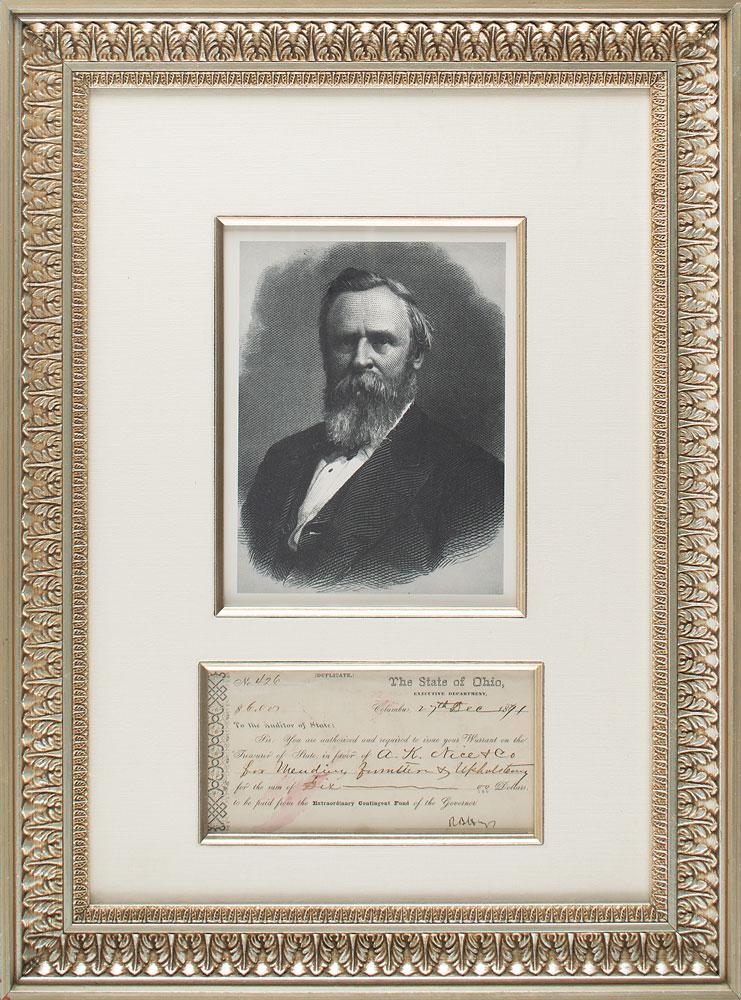 Rutherford B. Hayes: Partly-printed DS, signed â€œR. B. Hayes,” one page, 7.25 x 3.5, December 27, 1871. As governor of Ohio, Hayes orders a payment of $6 to "A. K. Nice & Co. for mending furniture & upholstery.
