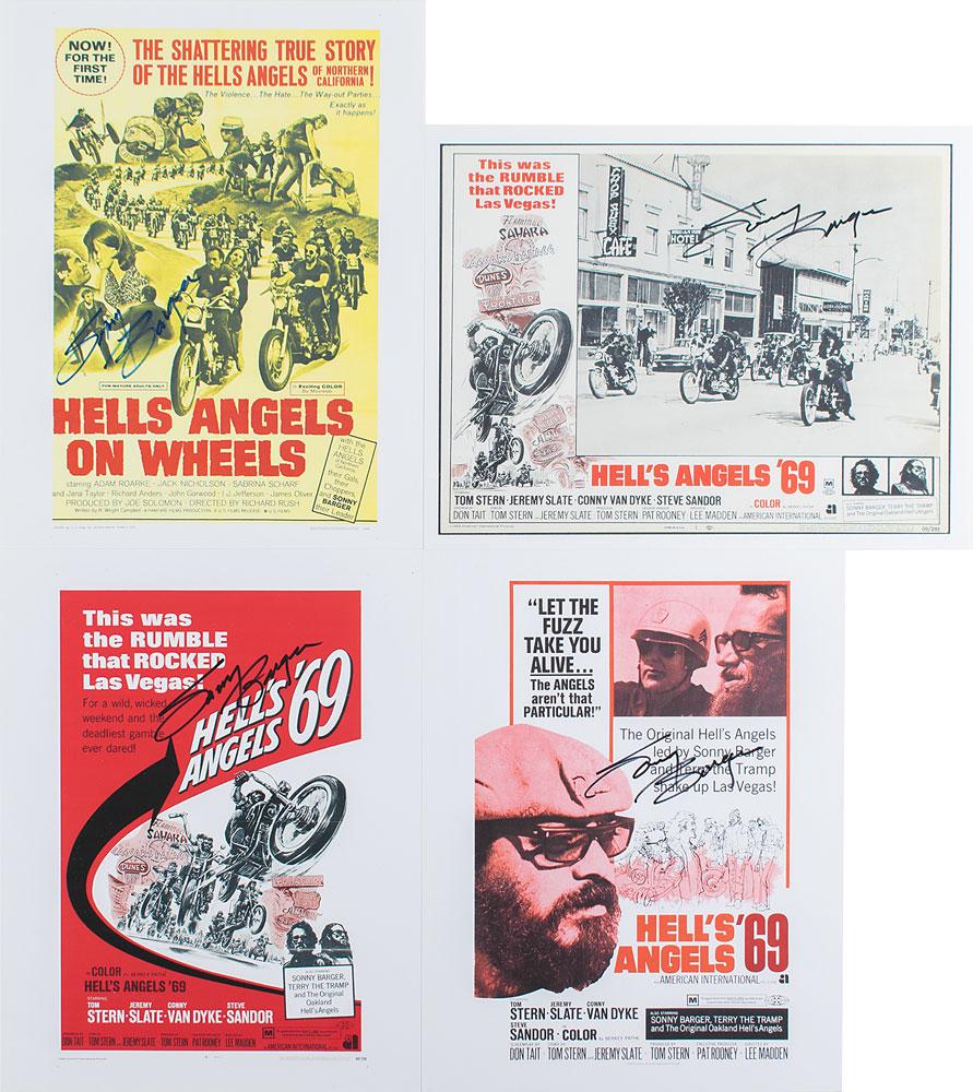 Hell's Angels: Sonny Barger: Four color prints of posters for the outlaw biker films Hell's Angels '69 and Hells Angels on Wheels, 8.5 x 11 and 11 x 8.5, each signed in black or blue felt tip by Sonny Barger, the founding member