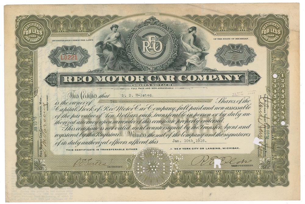 Ransom E. Olds: DS, signed â€œR. E. Olds,” one page, 13 x 8.5, January 10, 1916. Certificate for 10 shares of stock in the REO Motor Car Company issued to L. D. Halsted, signed at the bottom by Olds as the