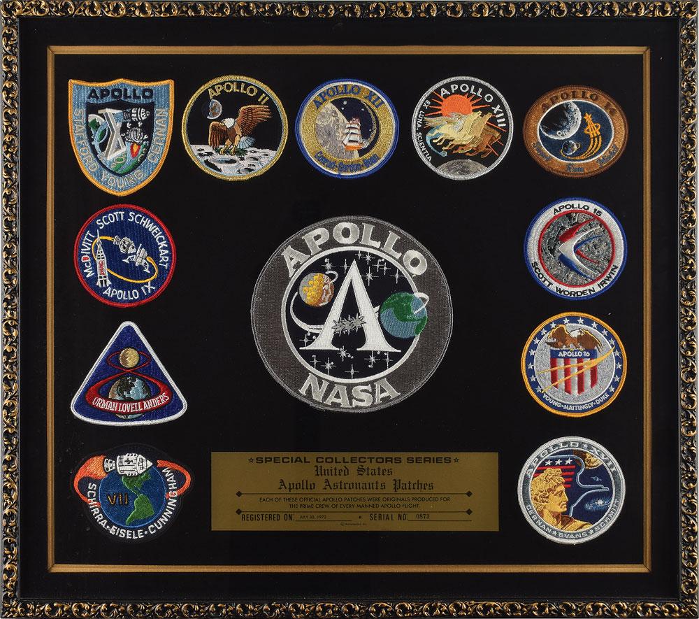 Apollo Program: Project Apollo patch display commemorating the program's eleven manned missions, consisting of official patches for Apollos 7 through 17, each approximately 4Ë in diameter, mounted and framed with a