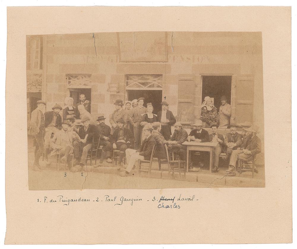Paul Gauguin Photograph: Rare original unsigned sepia 6.25 x 4.25 albumen photograph of three artists of the Pont-Aven School—Paul Gauguin, Ferdinand du Puigaudeau, and Charles Laval—outside a coffee shop in the v