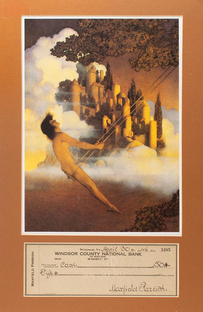 Maxfield Parrish Signed Check: Personal check, 8.25 x 2.75, filled out and signed by Parrish, "Maxfield Parrish," payable to Cash for $50, April 30, 1946. Matted with a print of 'The Dinky Bird' to an overall size of 11 x 17. In fi