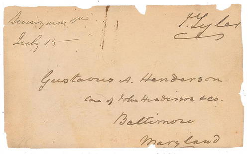 John Tyler Signed Free Frank: Hand-addressed and free franked mailing panel, 5 x 3, addressed by Tyler to "Gustavus A. Henderson, care of John Henderson & Co., Baltimore, Maryland," and franked in the upper right, "J. Tyler." In v