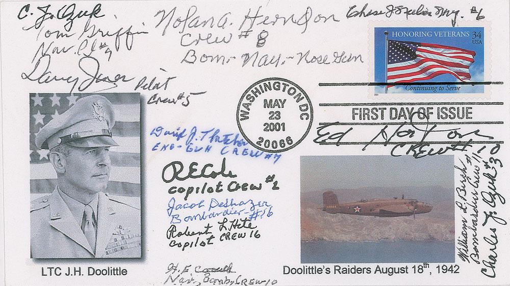 Doolittle's Raiders Signed First Day Cover: FDC with a cachet honoring Doolittle's Raiders, signed in various inks by 13, including: Charles Ozuk (2), Davey Jones, Nolan Herndon, David Thatcher, R. E. Cole, Jacob DeShazer, Robert Hite, Horace E