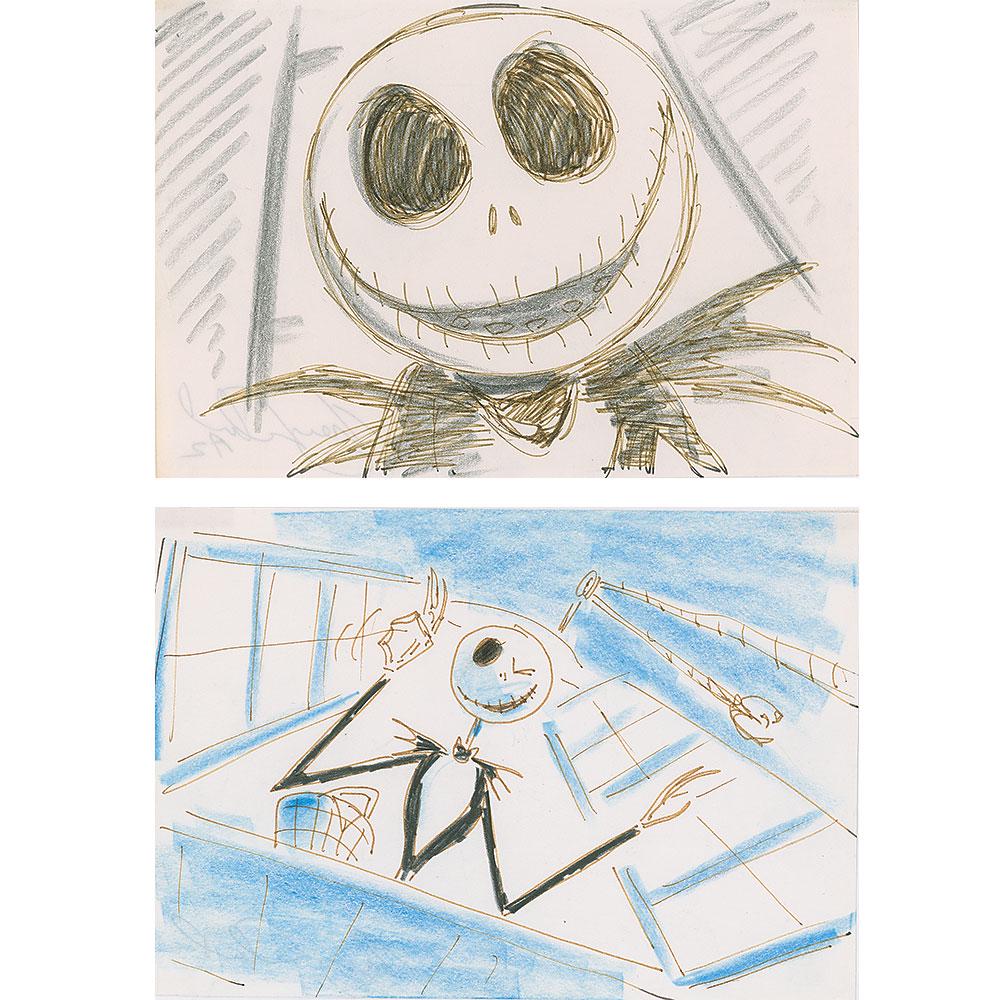 Jack Skellington storyboard drawings from The Nightmare: (Walt Disney Studios, 1993) Original storyboard drawings featuring Jack Skellington from The Nightmare Before Christmas, showing him in the 'This Is Halloween' sequence. Accomplished in ink and crayon