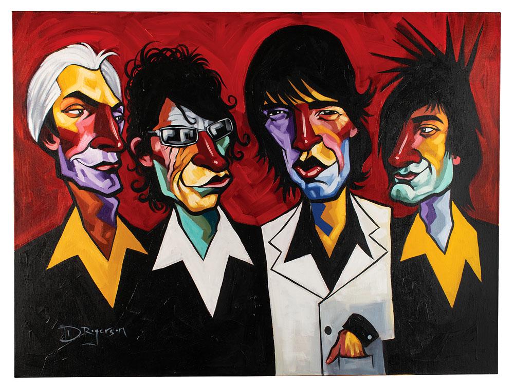 Rolling Stones Original Painting by Tim Rogerson: Vibrantly colored original painting of the Rolling Stones by renowned artist Tim Rogerson, 40 x 30, accomplished in acrylic on stretched canvas, featuring stylized depictions of Charlie Watts, Keith R