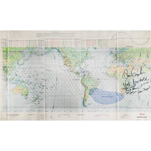 STS-42 Signed Flight Chart: Color first edition mission chart for STS-42, 40 x 24, signed in black felt tip by Ron Grabe, Stephen Oswald, Norm Thagard, David Hilmers, Bill Readdy, Ulf Merbold, and Roberta Bondar. In fine conditi