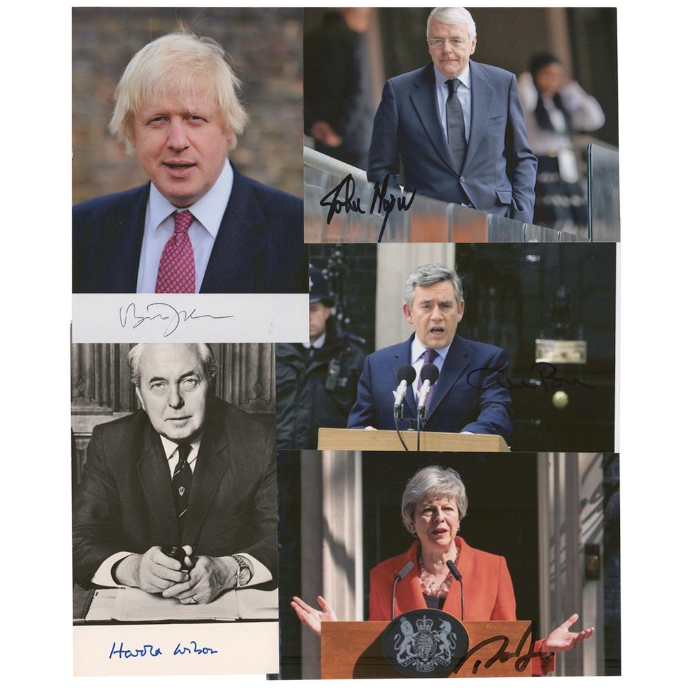 British Prime Ministers (5) Signed Photographs: Five small photos of British prime ministers, ranging in size from 3.5 x 5.5 to 6 x 4, each signed in ink by the subject. Signers are: Boris Johnson, Theresa May, Gordon Brown, John Major, and Harold