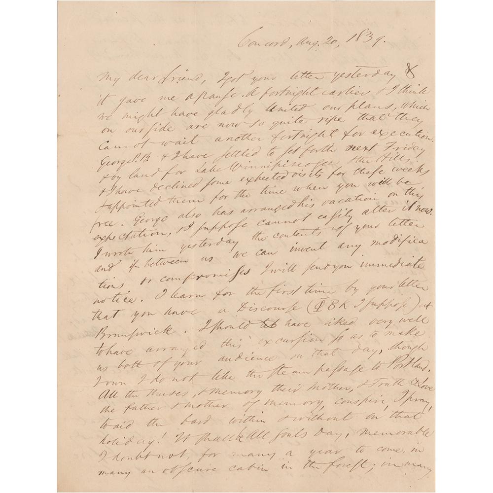 Ralph Waldo Emerson Autograph Letter Signed: ALS signed â€œR. W. Emerson,” three pages on two adjoining sheets, 7.75 x 9.75, August 20, 1839. Letter to Frederick Henry Hedge in Bangor, Maine, written from Concord, discussing travel pla