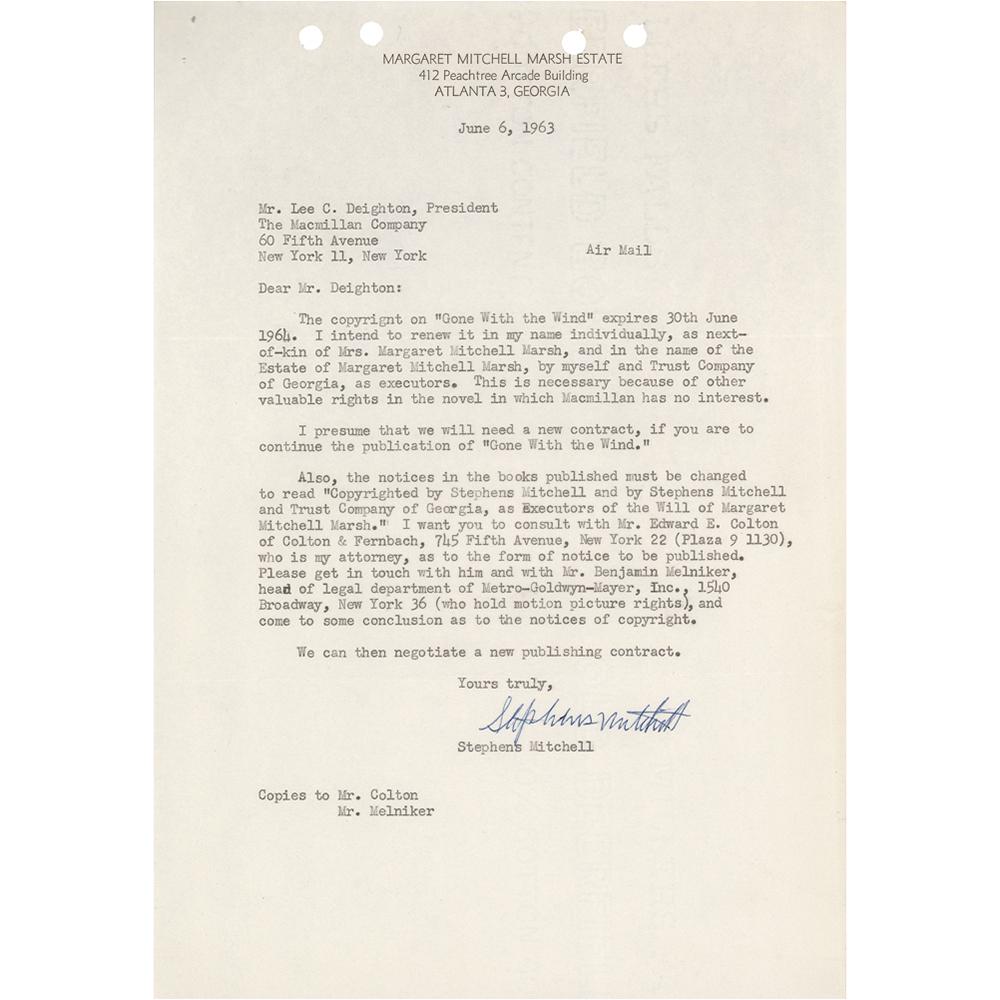 Gone With the Wind: Stephens Mitchell: Interesting TLS, one page, 7.25 x 10.5, Margaret Mitchell Marsh Estate letterhead, June 6, 1963. Letter to Lee C. Deighton, the president of the Macmillan Company, in full: "The copyright on 'Gone Wit
