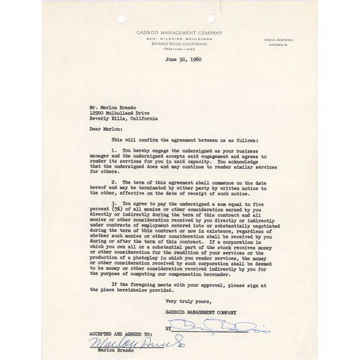 Marlon Brando Document Signed And Typed Letter Signed