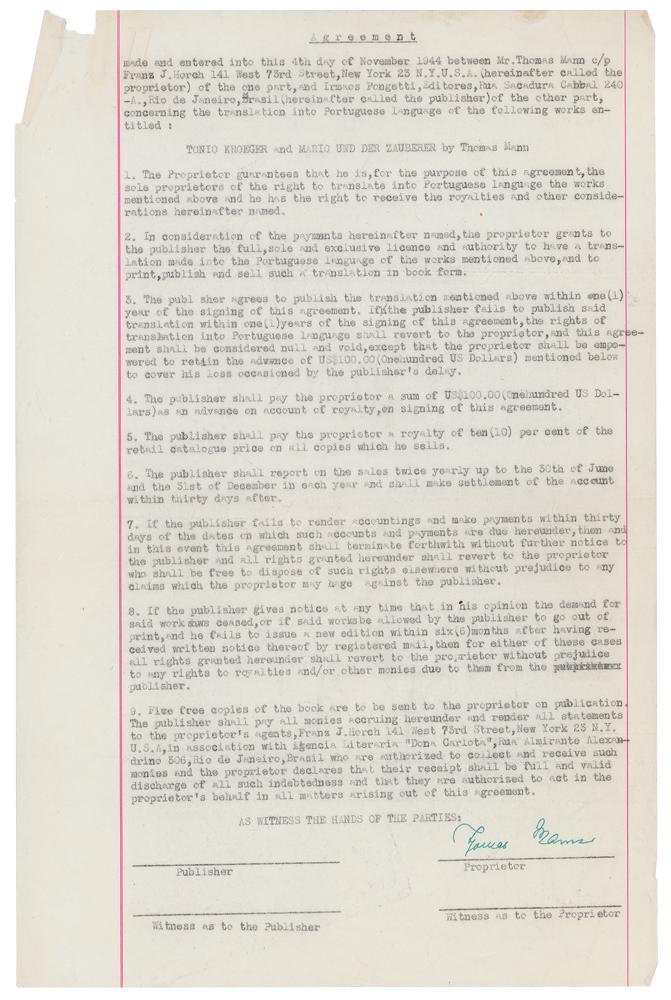 Thomas Mann Document Signed: DS, one onionskin page, 8.5 x 13, November 4, 1944. Carbon copy of a contract between Mann, represented by the Franz J. Hoch agency, and Agencia Literaria 'Dona Carlota' of Rio de Janeiro, Brazil, and