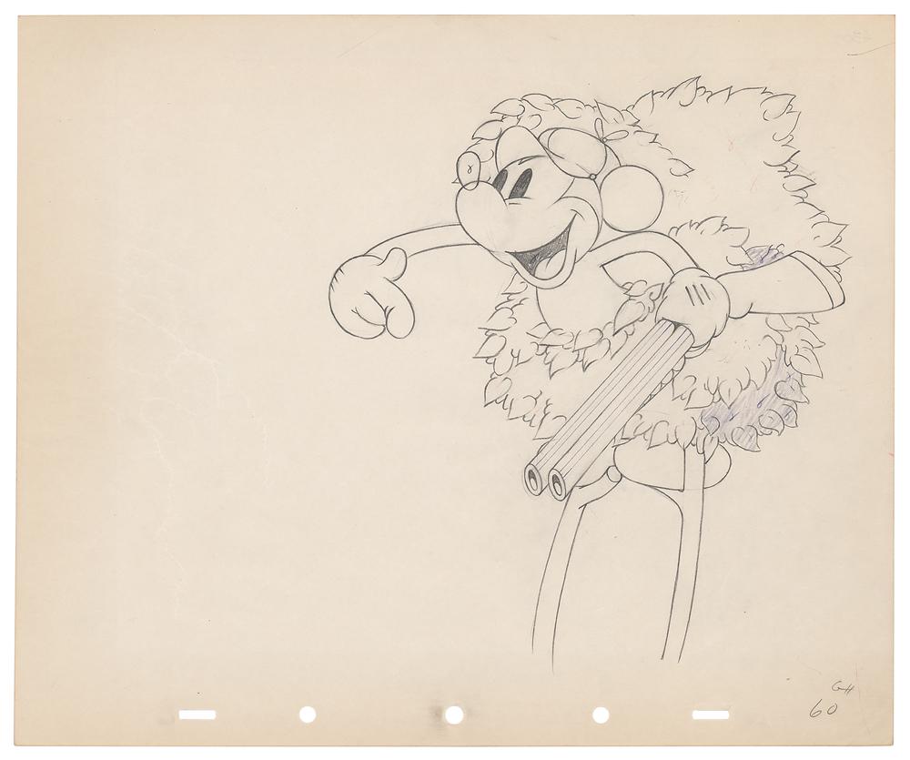 Mickey Mouse production drawing from Moose Hunters: (Walt Disney Studios, 1937) Original production drawing featuring Mickey Mouse from Moose Hunters, which shows the shotgun-toting Mickey balancing on stilts and emerging from his bushy hiding spot at