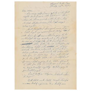 Gus Grissom Autograph Letter Signed: World War II-dated ALS signed â€œVirgil,” one page both sides, 7.25 x 10.25, September 7, 1944. Addressed from Sheppard Field in Texas, a handwritten letter to his parents, Dennis and