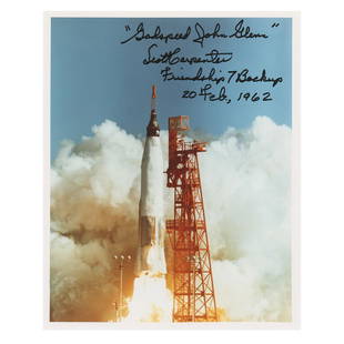 Scott Carpenter Signed Photograph: Vivid color semi-glossy 8 x 10 photo of the fiery liftoff of the Mercury-Atlas 6, signed in black felt tip, "'Godspeed John Glenn,' Scott Carpenter, Friendship 7 Backup, 20 Feb., 1962." In very fine