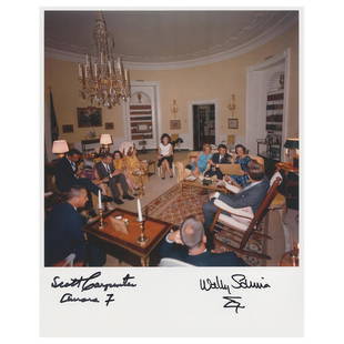 Scott Carpenter and Wally Schirra Signed Photograph: Attractive color satin-finish 8 x 10 photo of President John F. Kennedy and First Lady Jacqueline Kennedy hosting six of the Mercury Seven astronauts and their wives in the Yellow Oval Room of the