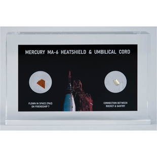 Friendship 7 Flown Heat Shield Display: Limited edition acrylic display containing a small piece of the heat shield from John Glennâ€™s Mercury-Atlas 6 spacecraft, attested to as being flown by Florian Noller, and a small unflown