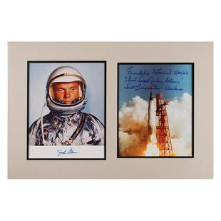 Friendship 7: Glenn and Carpenter Signed Photographs: Two color satin-finish 7.5 x 9.5 photos: one of John Glenn in his silver Project Mercury suit, signed in blue felt tip, "John Glenn"; and one of the Mercury-Atlas 6 liftoff, signed in blue felt tip,