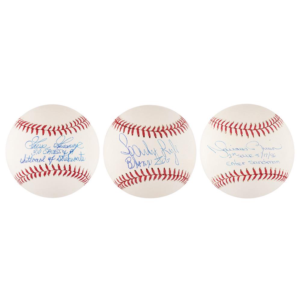 NY Yankees: Closers (3) Signed Baseballs: Three official Rawlings Major League (Selig) baseballs, each signed on the sweet spot in blue ballpoint by a great Yankees closer, all adding something interesting below. Includes: Mariano Rivera ("1s