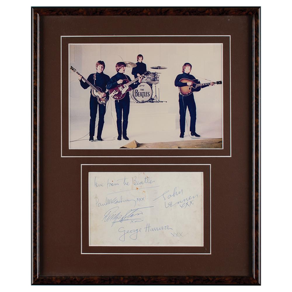 Beatles Signatures: Vintage ballpoint signaturesÃ¢€”"Love from the Beatles, Paul McCartney, xxx," "John Lennon, xxx," "Ringo Starr, xxx," and "George Harrison, xxx"Ã¢€”on an off-white 7 x 4.5 sh