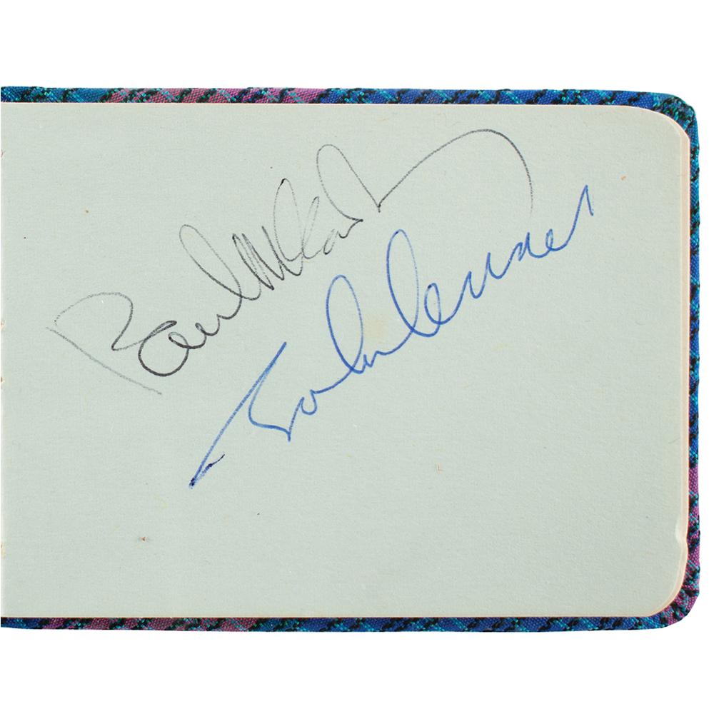 Beatles Signatures with Jimmie Nicol: Vintage circa 1964 hardcover autograph album, 4 x 3, signed inside on three different pages in ballpoint, "Paul McCartney," "John Lennon," "To Jennifer, love from George Harrison, xxx," and "Jimmie Ni