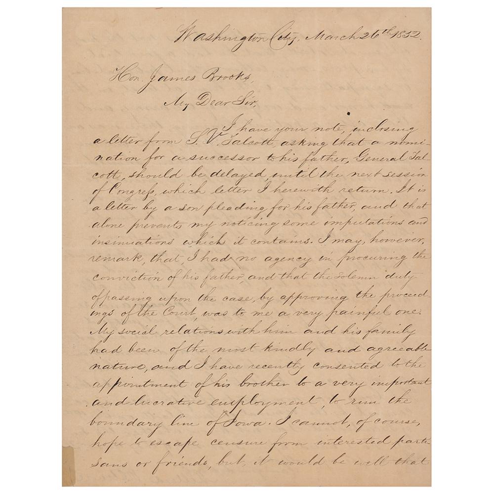 Millard Fillmore Letter Signed as President: LS as president, one page both sides, 8 x 10, March 26, 1852. Letter to James Brooks, concerning George Talcott, formerly the Chief of Ordnance of the U.S. Army, who had been relieved of his duties an
