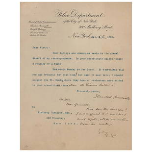 Theodore Roosevelt Typed Letter Signed: TLS, one page, 7.75 x 10.25, Police Department of the City of New York letterhead, January 30, 1896. Letter to Winthrop Chandler, in full: "Your letters are always an oasis in the dismal desert of my