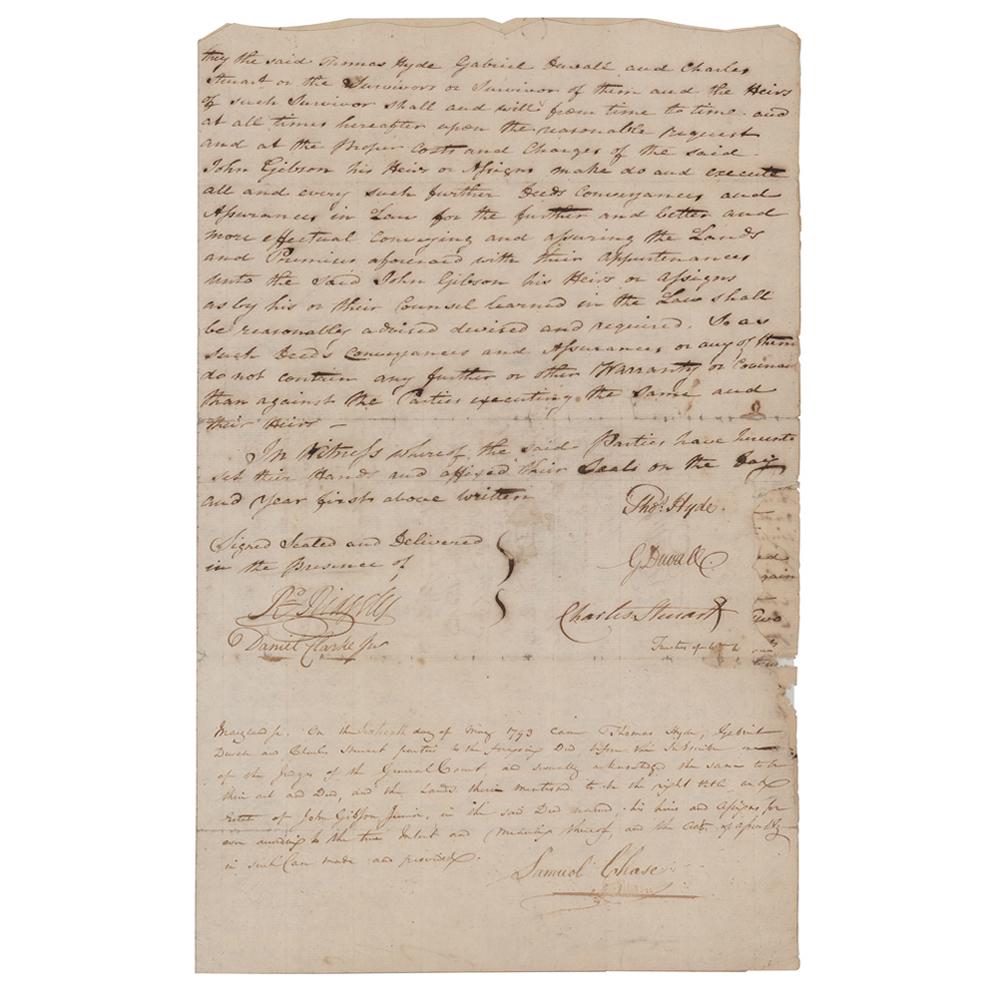 Samuel Chase Document Signed: Manuscript DS, three pages on two adjoining sheets, 9.5 x 15, May 16, 1793. Chase signs a manuscript endorsement at the conclusion of a land indenture deed between Thomas Hyde, Gabriel Duvall, and Cha