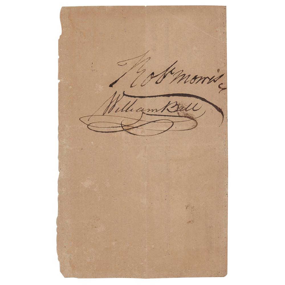Robert Morris and Benjamin Harrison IV Document Signed: Partly-printed DS, one page, 5.75 x 3.5, April 21, 1788. Sight draft issued at Richmond, Virginia, by Benjamin Harrison IV, signed "Benj. Harrison Jnr.," in part: "At Sixty Days after Sight of this my