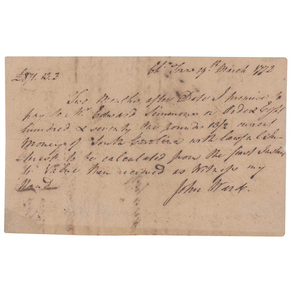 Thomas Heyward, Jr. Document Signed: Manuscript DS, signed Ã¢€Å“Heyward,Ã¢€Â one page both sides, 8 x 5, March 19, 1772. Promissory note issued by John Ward, who affirms: "Two months after Date I promise to pay to Mr. E