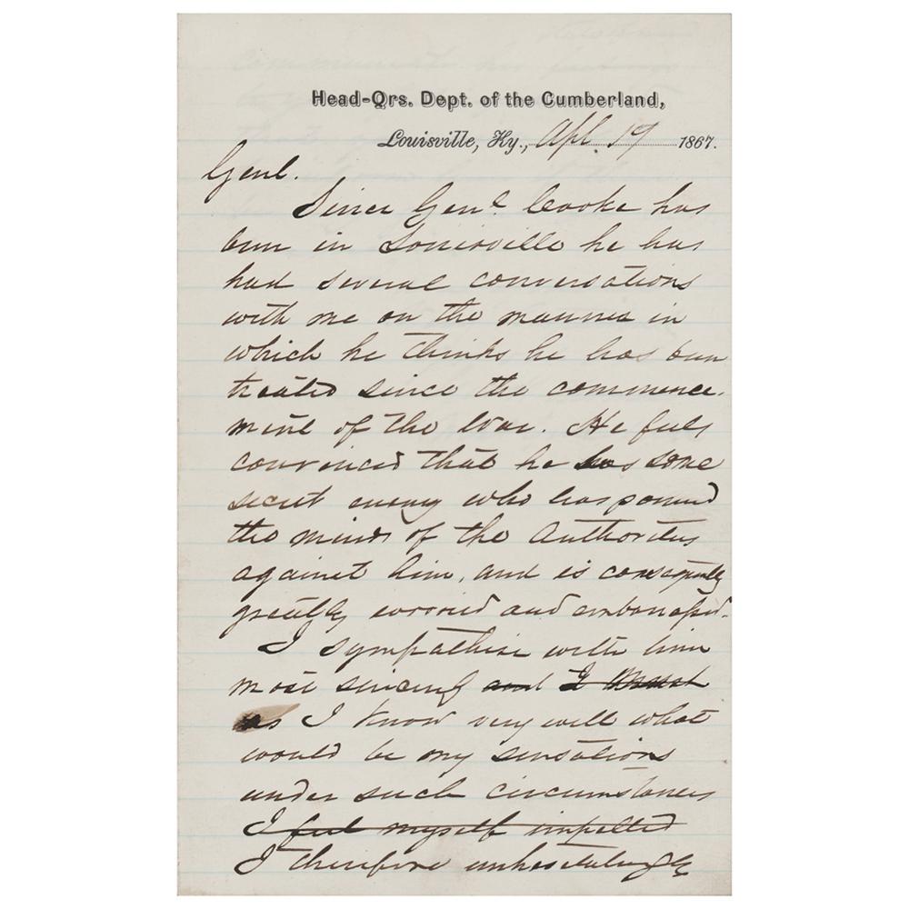 George Henry Thomas Autograph Letter Signed: ALS signed Ã¢€Å“Geo. H. Thomas, Maj. Gen'l U.S.A.,Ã¢€Â two pages on two adjoining sheets, 5 x 8, Head-Qrs. Dept. of the Cumberland letterhead, April 19, 1867. Handwritten letter to a