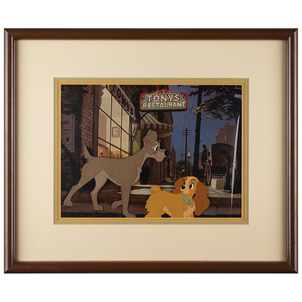 Lady and Tramp production cels from Lady and the Tramp: (Walt Disney Studios, 1955) Original production cels of the title characters from Lady and the Tramp, which shows the canine couple walking together in large, appealing poses. The slightly trimmed cel