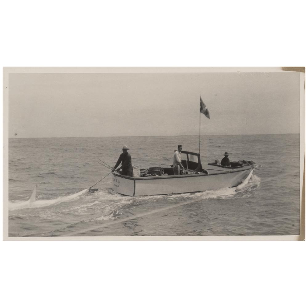 Zane Grey Original Annotated Photograph: Attractive original glossy 10.5 x 6.25 double-weight photo of the Ã¢€ËœSky Blue,Ã¢€â„¢ the fishing boat of Captain Laurie D. Mitchell, hauling from its stern a large Mako shark, wi