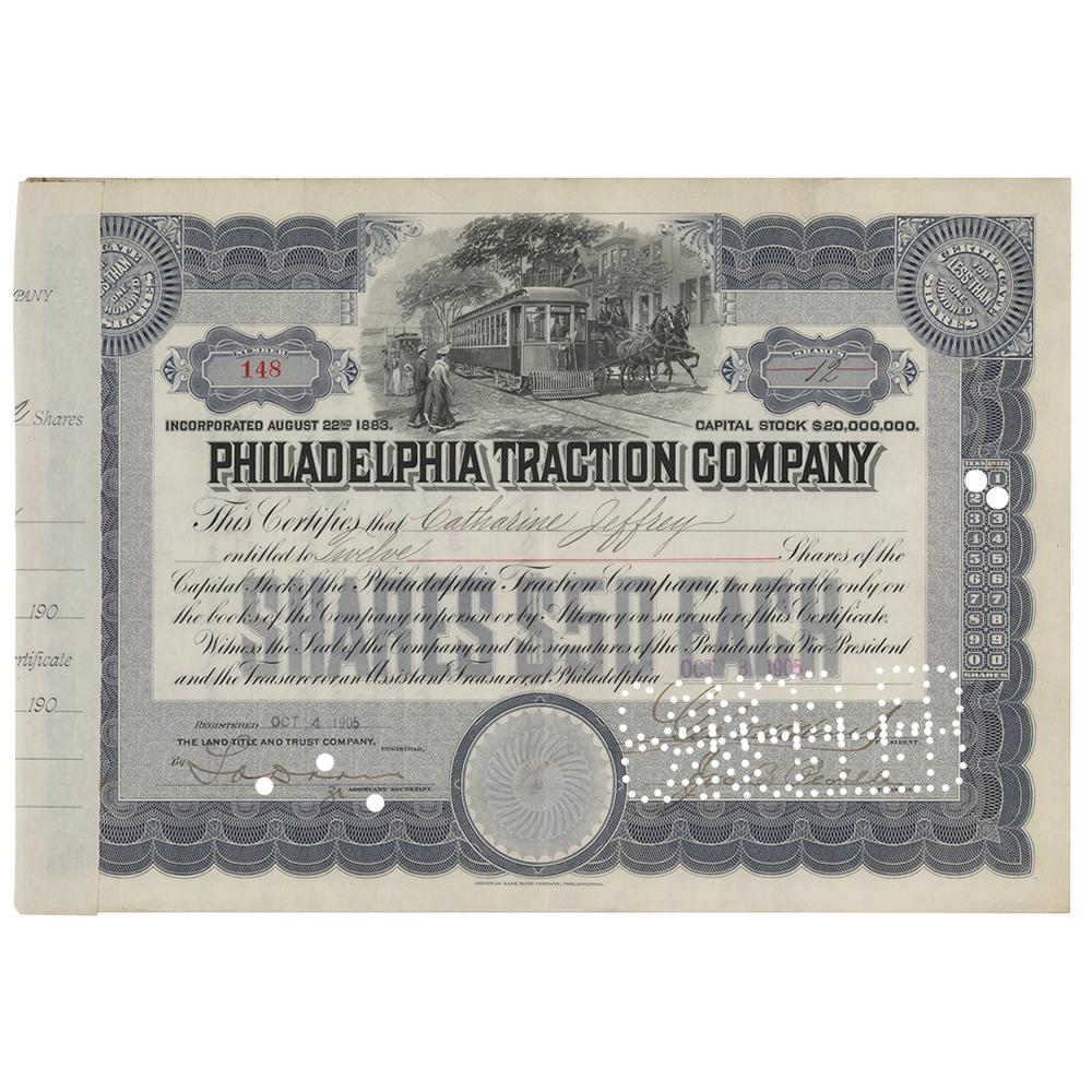 Titanic: George Widener: Partly-printed DS, signed ‰ÛÏGeo. D. Widener,‰Û one page, 11.75 x 8.25, October 4, 1905. Stock certificate for 12 shares in the Philadelphia Traction Company, signed a