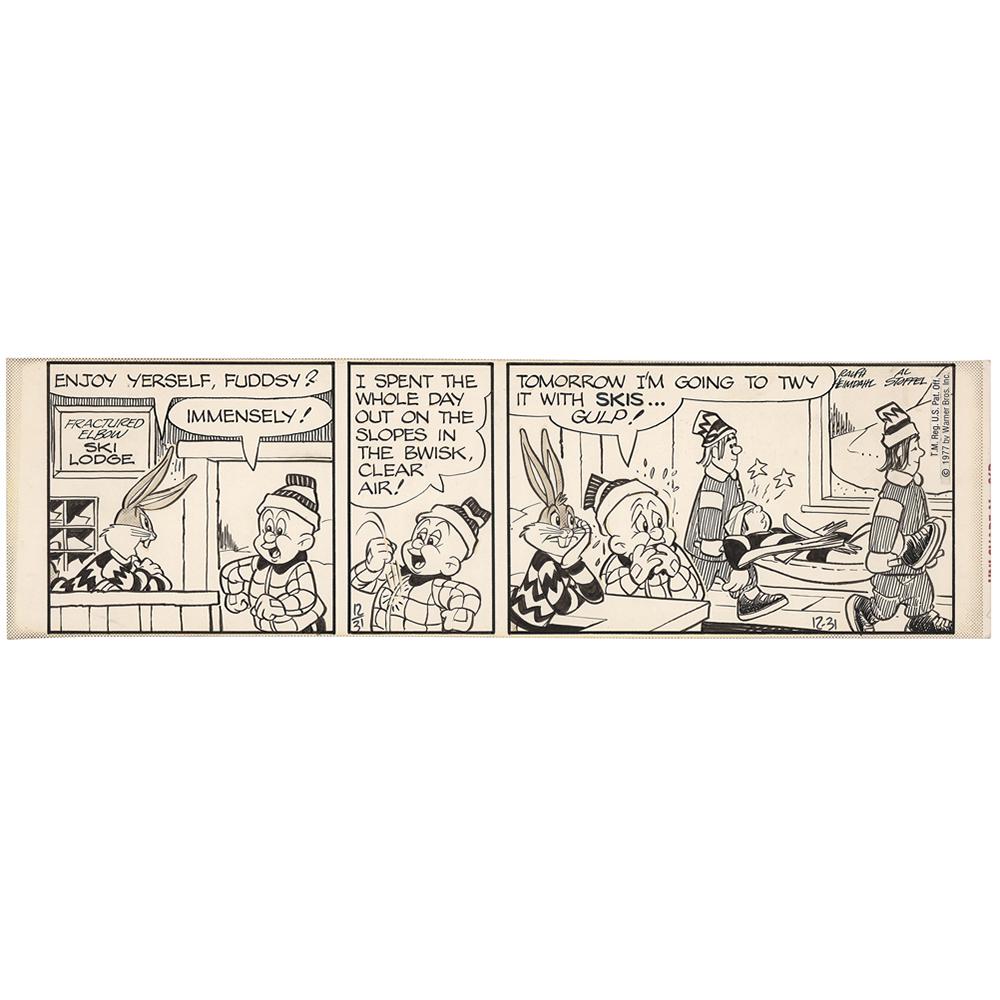 Bugs Bunny comic strip by Ralph Heimdahl and Al Stofel: Desirable hand-inked three-panel Bugs Bunny daily comic strip by Ralph Heimdahl and Al Stoffell, 17.5 x 5, from December 31, 1977. The comic shows Bugs and Elmer Fudd inside the "Fractured Elbow Ski L