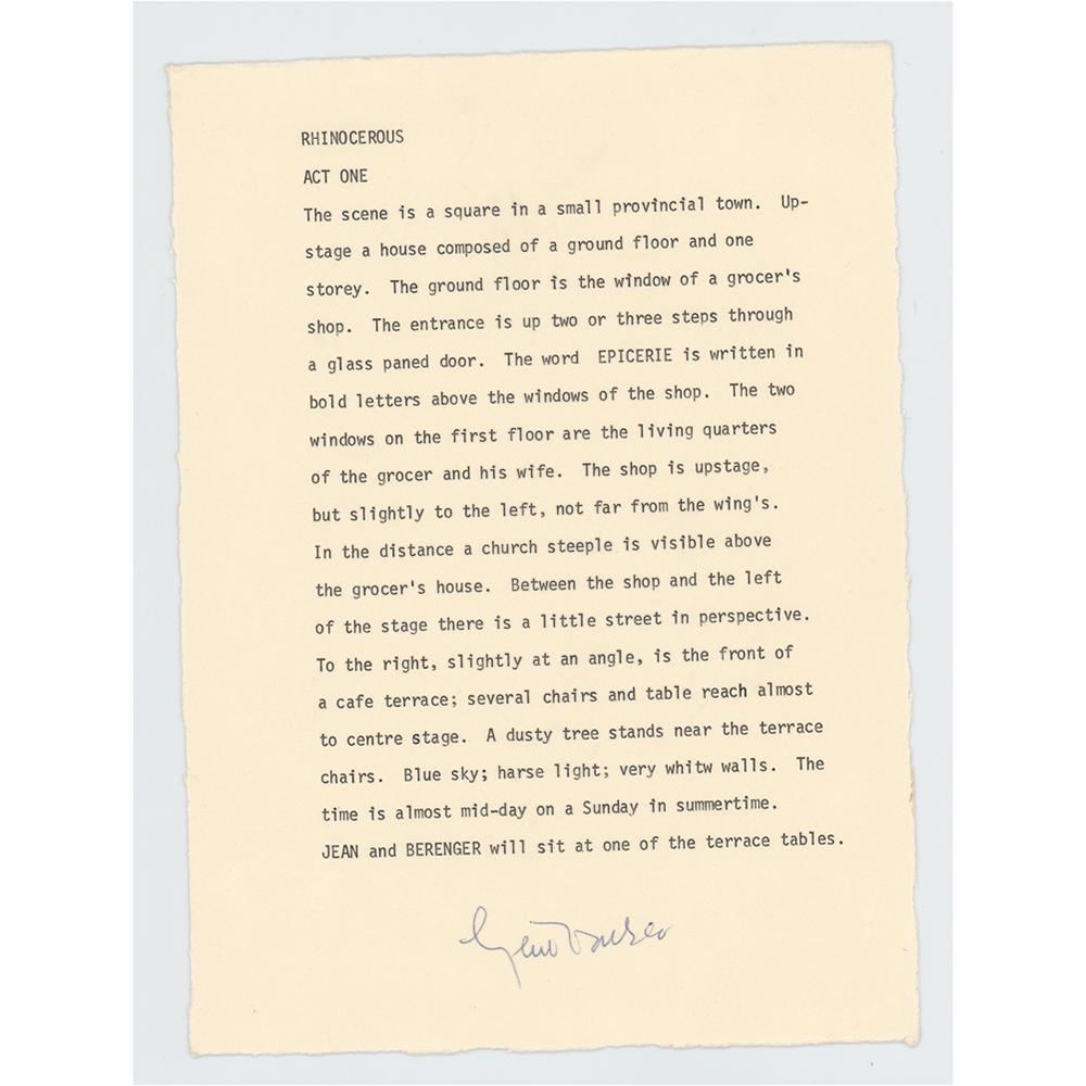 Eugene Ionesco Signed Souvenir Typescript from: Souvenir typescript of the opening of Act 1 from Eugene Ionesco's famous 1959 avant garde play 'Rhinoceros,' one deckle-edge page, 6.5 x 9, signed at the bottom in ballpoint by Ionesco. The typescript