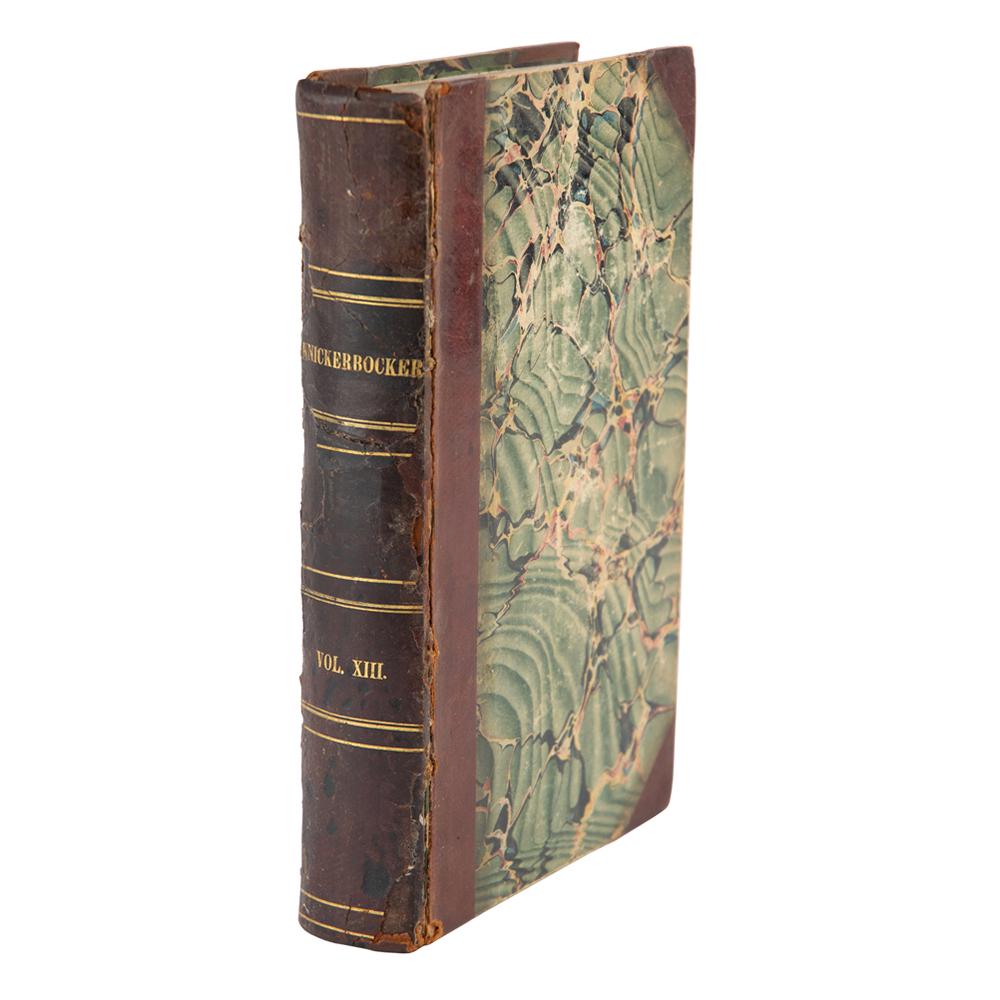 Moby Dick: Jeremiah N. Reynolds: Unsigned bound magazines: The Knickerbocker, or New-York Monthly Magazine, Vol. XIII [January"“June 1839 issues], published in New York by Clark and Edson in 1839. Bound as a single volume, 6 x