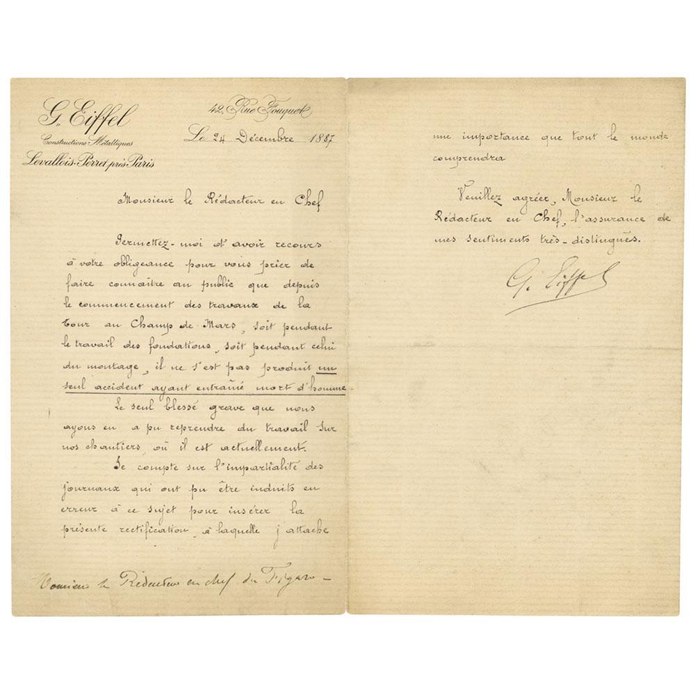 Gustave Eiffel Letter Signed: LS signed Ã¢€Å“G. Eiffel,Ã¢€Â two pages on two adjoining sheets, 5.25 x 8.5, personal letterhead, December 24, 1887. Letter to the Ã¢€Ëœeditor-in-chiefÃ¢€â„¢ of t