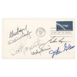 Mercury Astronauts (6) Signed First Day Cover: FDC featuring the four-cent 'U.S. Man in Space, Project Mercury' postage stamp, postmarked at Cape Canaveral on its day of issue, February 20, 1962, signed in felt tip and ballpoint by six of the