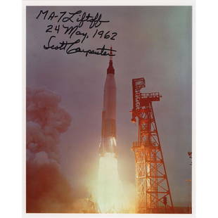 Scott Carpenter Signed Photograph: Color satin-finish 8 x 10 photo of the Mercury-Atlas 7 launch from Cape Canaveral, signed in black felt tip, "MA-7 Liftoff, 24 May, 1962, Scott Carpenter." In very fine condition.