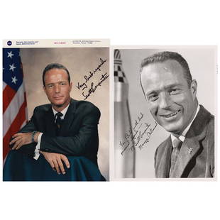 Scott Carpenter (2) Signed Photographs: Two items: an official glossy 8 x 10 NASA portrait of Carpenter with a Mercury Seven pin on his lapel, signed and inscribed in black felt tip, "For Bill with best personal regardsÃ¢€”M.