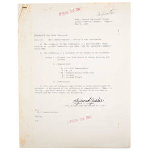 Scott Carpenter: MA-7 Communications Transcript: Rare official NASA memorandum containing a transcript of the communications of Scott Carpenter's MA-7 'Aurora 7' flight, 8.5 x 11, 79 pages, dated May 31, 1962, with "Carpenter" written in another